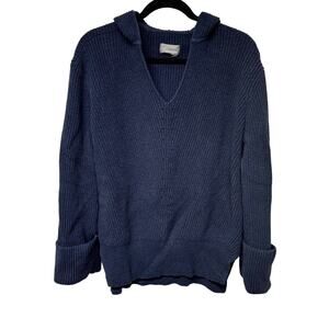 By Anthropologie Thick Hooded V Neck Sweater Navy Blue Size Medium Cuffed